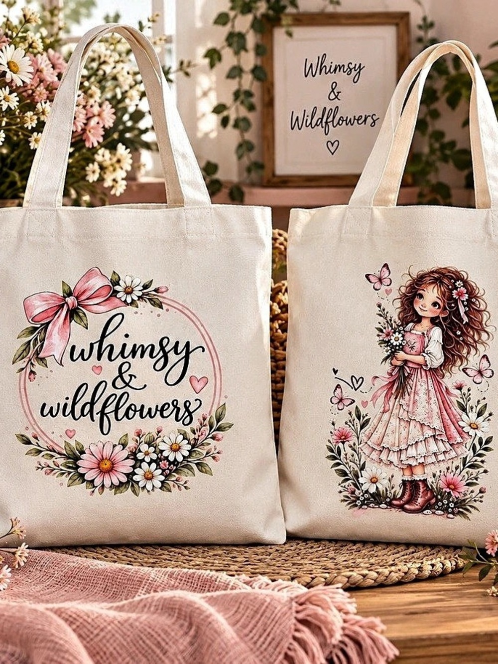 Yesi Design Shop Whimsy & Wildflowers Canvas Tote Bag Cream & Pink